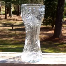 Antique Ornate Daisy Cut Glass FLOWER & LEAVES Clear Corset Shaped 11.75" VASE