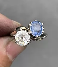 18ct Gold 1.75ct Old Cut Diamond & 1.50ct Old Cut Natural Sapphire Ring, 18k 750