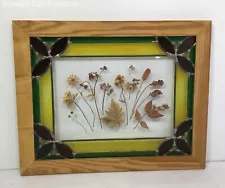 Vintage Lead Stained Glass Window Panel with Pressed Flowers & Insect Specimens