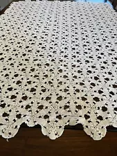 Vtg Handmade White Cotton Crochet Tablecloth 39x53 Star Rosette W/ Scallop Edge