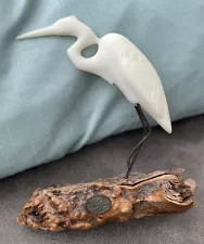 Vintage John Perry Sculpture Burl Wood White Heron Bird Resin