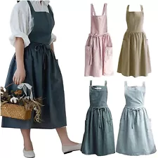 Cotton Linen Apron Cross Back Work Apron for Women with Pockets Pinafore Dress