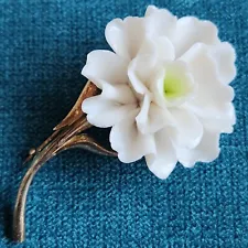 Vtg Porcelain Carnation Brooch Sterling RARE White Flower 925 Silver Read