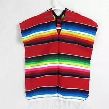 Child Sz Mexican Serape Poncho Striped Red Cotton Garment for Everyday Costume