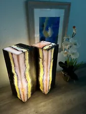 2 Onyx Stone Table Lamps pink/yellow color, BEAUTIFUL !