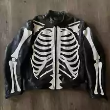 Men's Leather Jacket Skeleton Bones Biker Motorcycle Genuine leather Jacket Coat