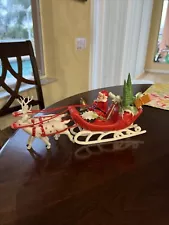 Mid-Century Plastic Santa Sleigh and White Reindeer 11-1/4" Christmas Decoration