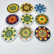 Vintage Ariadne Colorful Ceramic Tile Coasters Handmade Greece Set of 9 Round