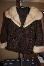 VINTAGE Persian Curly Lambs Wool Coat JACKET WITH MINK Fur Collar 50s Lined MED