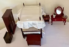 Vintage Dolls House Four Poster Bed Bedroom Set Wardrobe Dressing Table 1.12