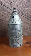 VINTAGE PRIMITIVE PAUL REVERE STYLE PUNCHED TIN HANGING CANDLE LANTERN 12 1/2"