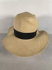 Maison Michel Paris Tan Black Straw Wide Brim Womens Fedora Hat Size Medium