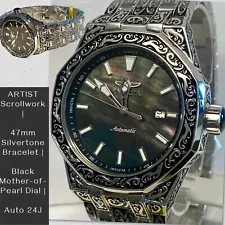 47mm Scrollwork ARTIST Silvertn Bracelet Octagon Auto Blk MOP Invicta Mens Watch