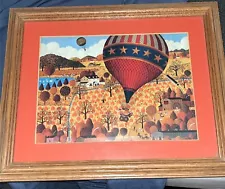 CHARLES WYSOCKI Print ~ BALLOON Over PUMPKIN Patch ~ Matted Framed ~ Vintage