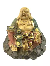 Vintage Hand Painted Laughing Buddha With Coins Statue Figurine