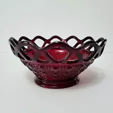 Vintage Imperial Glass Ruby Red Open Laced Edge & Cane Button 5.75" BASKET BOWL