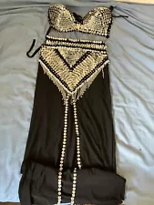 Shiny Full Embroidered Gold Coins Egyptian Belly Dance Dress 2 Piece Bra& Skirt