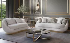 NEW White Ivory Gold 2PC Sofa Loveseat Fabric Living Room Set Contemporary Glam