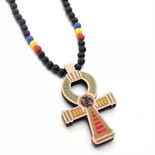 Egyptian Ankh Cross Pedant Wooden Necklace Punk Jewelry For Men Ball Chain 35"