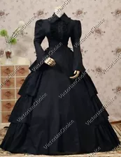 Black Victorian Gothic Maid Mourning Dress Steampunk Witch Halloween Costume 007