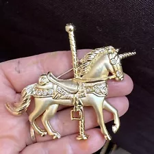 Unicorn/Carousel Horse Pin Brooch Goldtone Unmarked 3”