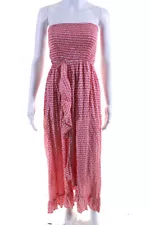 Tiare Hawaii Womens Strapless Smocked Spotted Ruffle Maxi Dress Pink Size O/S