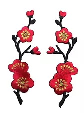 #3959RD 2Pcs Red Quince,Sakura Cherry Flower Embroidery Iron On Applique Patch