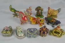 LOT OF 12 SMALL JEWELED ENAMEL TRINKET BOXES, FIGURAL, NICE