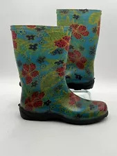 Sloggers Women’s Rain Garden Boots 9”Tall Green Blue Garden Flowers Print Sz 10