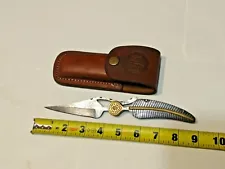 Vtg Handmade Folding Knife Damascus Blade And Scales With Sheath Feather Knife