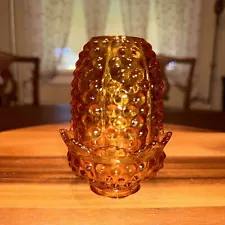 Vintage Fenton Hobnail Amber Fairy Lamp / Light Candle Holder MCM Two Piece