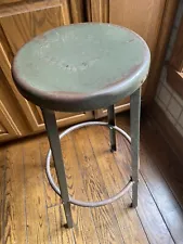 Vintage 31” Old Green Industrial Metal Stool - Very Good