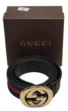 Gucci Belt Designer Black Leather with Red and Green Stripes, Men's Size 38, Box