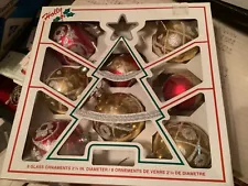 8 Holly Brand Christmas Ball Ornaments USA Made Mica Trimmed