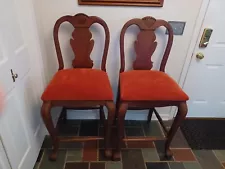 Ornate Custom Made Solid Teak Bar Stools - Burnt Orange Ultra Suede Upholstery