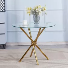 Round Clear Tempered Glass Dining Table Golden Chromed Legs Dining Room Kitchen