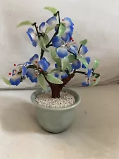 Antique Jade bonsai tree With Blue Flowers 9” Tall X 7” Wide