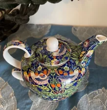 William Morris Blue Strawberry Thief Blue Tea for One Ceramic Teapot/Cup Unused