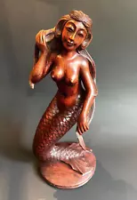 Hand Carved Mermaid Figurine Mahogany Wood Nude Figure Sculpture 12.5" tall