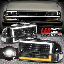 [Switchback L-LED DRL Signal] For 98-04 Chevy Blazer S10 Headlights Black/Clear