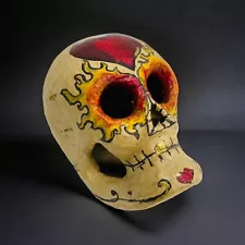 Sugar Skull Hand Painted Paper Mache Signed Flames 2016 Halloween Day of Dead