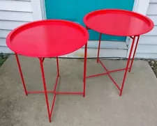 PAIR of ROUND METAL FOLDING COLLAPSIBLE PATIO OUTDOOR SIDE TABLES RED