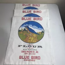 3 Blue Bird Cloth Flour Sacks 20 lb. Cortez Colorado 13.5”x 22” Nice Condition