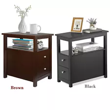 End Table with 2 Drawer Open Shelf Narrow Sofa End Table for Living Room 2 Color