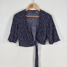 Bardot womens crop wrap blouse top size 8 navy blue polka dot short sleeve052791