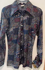 Vtg 70’s Men’s All Over Print Disco MCM Button Up L/S Shirt Size 14, 14 1/2, S