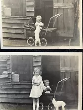 2 VINTAGE SNAPSHOT PHOTOS GIRL & CUTE BABY IN PRAM WITH JACK RUSSELL DOG