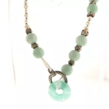 Jade and Pearl Bi Disc Necklace Hand Crafted 19"