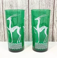 Anchor Hocking Green Glass Gazelle Drinking Glasses Tumblers Set of 2 Vintage