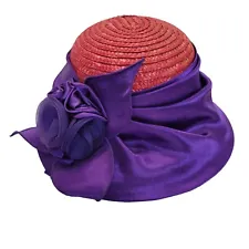 Purple & Red Hat 100% Straw w/Satin Rim Floral Bow Red Lady Hat